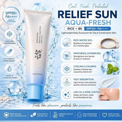 Beauty of Joseon Sunscreen SPF50+ Relief, Aqua Fresh ,Ginseng  K-Beauty SkinCare