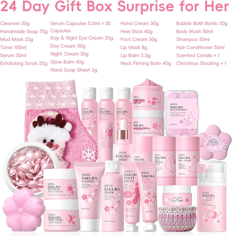 Sakura Beauty Advent Calendar 2025, 24 Luxury Skincare & Body Care Surprise Gift