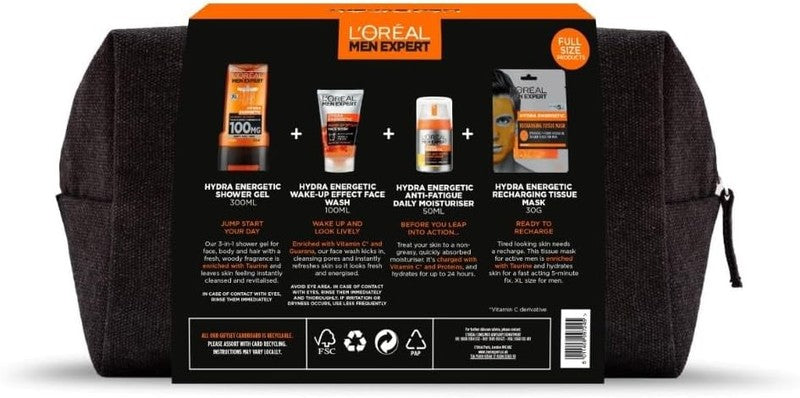 L'Oréal Paris Men Expert Fully Charged Washbag Gift Set for Him, Energising Face