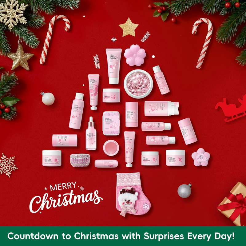 Sakura Beauty Advent Calendar 2025, 24 Luxury Skincare & Body Care Surprise Gift