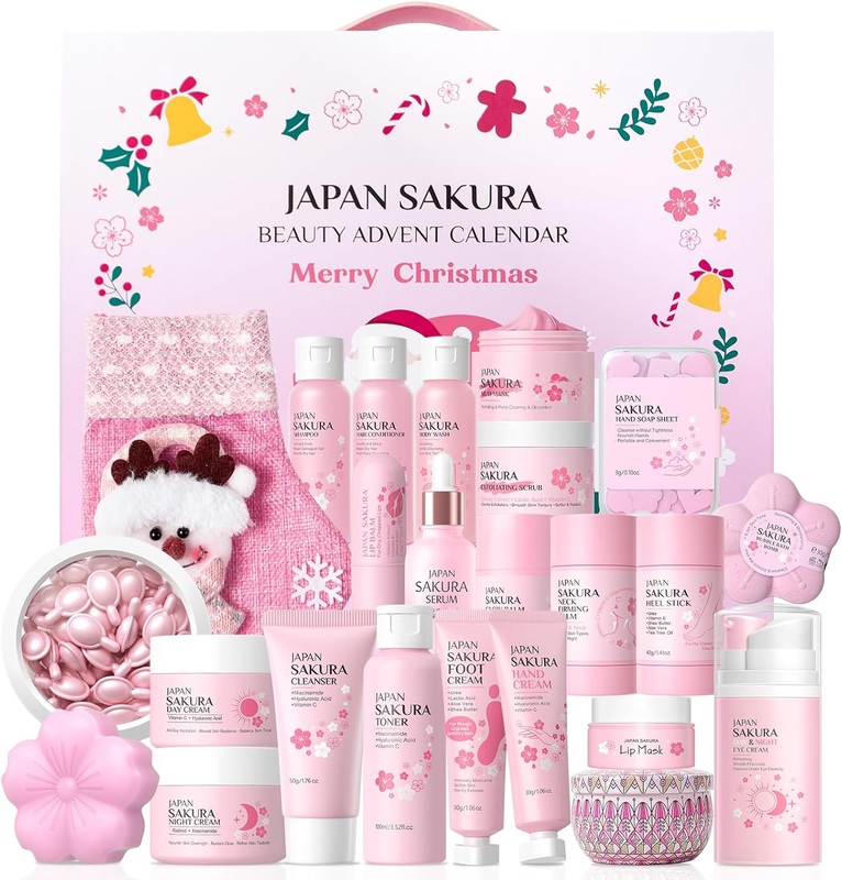 Sakura Beauty Advent Calendar 2025, 24 Luxury Skincare & Body Care Surprise Gift