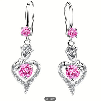 Elegant Hollow Heart Rose Flower Dangle Zirconia Earrings -Women Trendy Gift Set