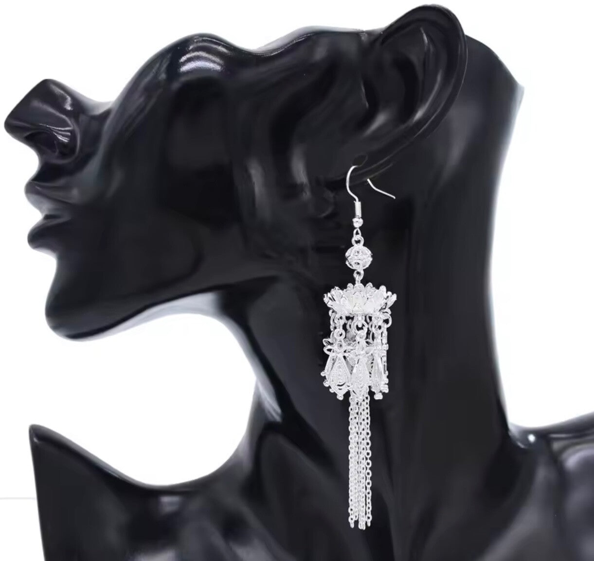 Fashion Earring Silver Post Elegant Design Tassel Vintage Boho Lotus Drop Gift