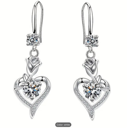 Elegant Hollow Heart Rose Flower Dangle Zirconia Earrings -Women Trendy Gift Set