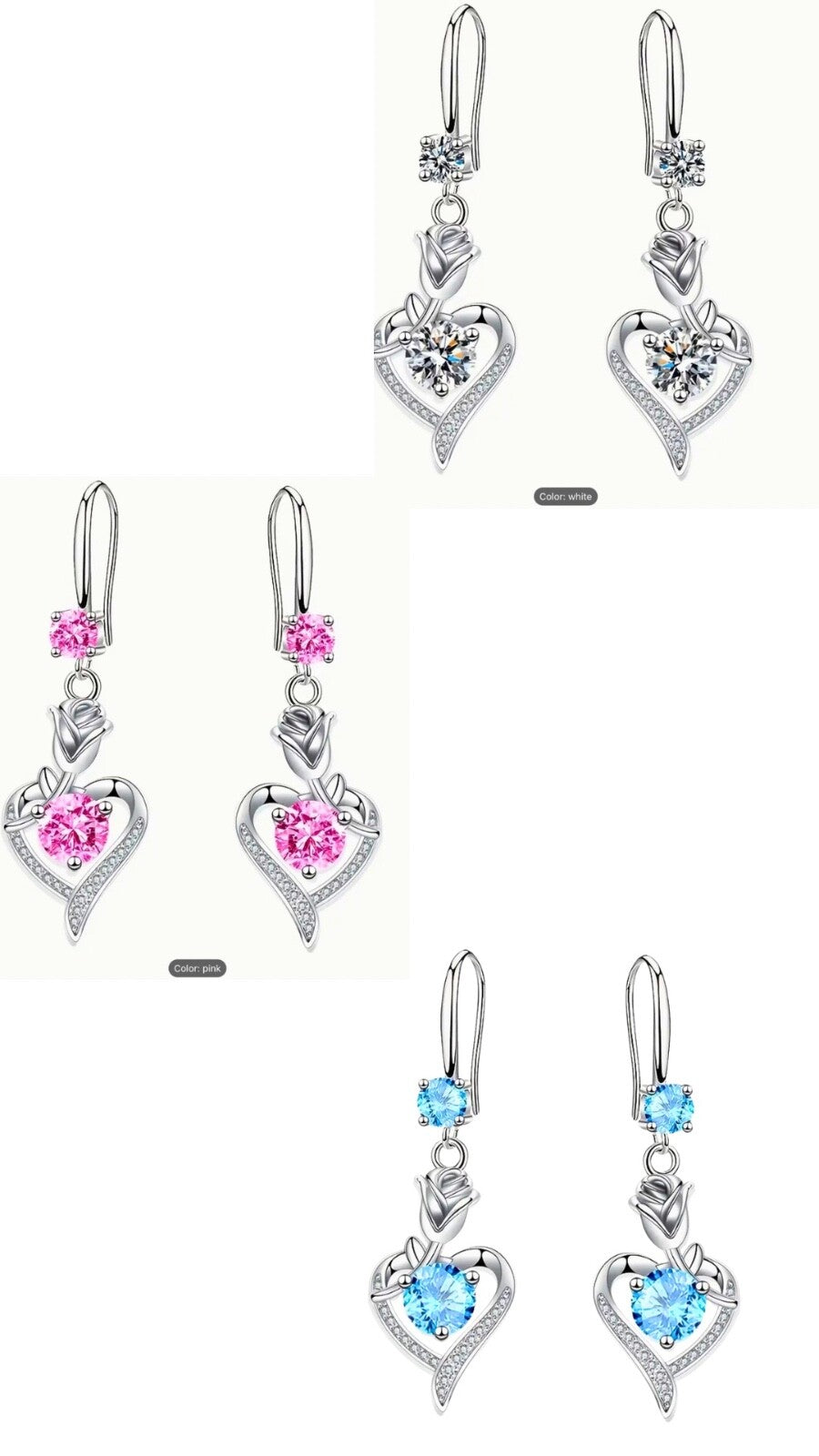 Elegant Hollow Heart Rose Flower Dangle Zirconia Earrings -Women Trendy Gift Set