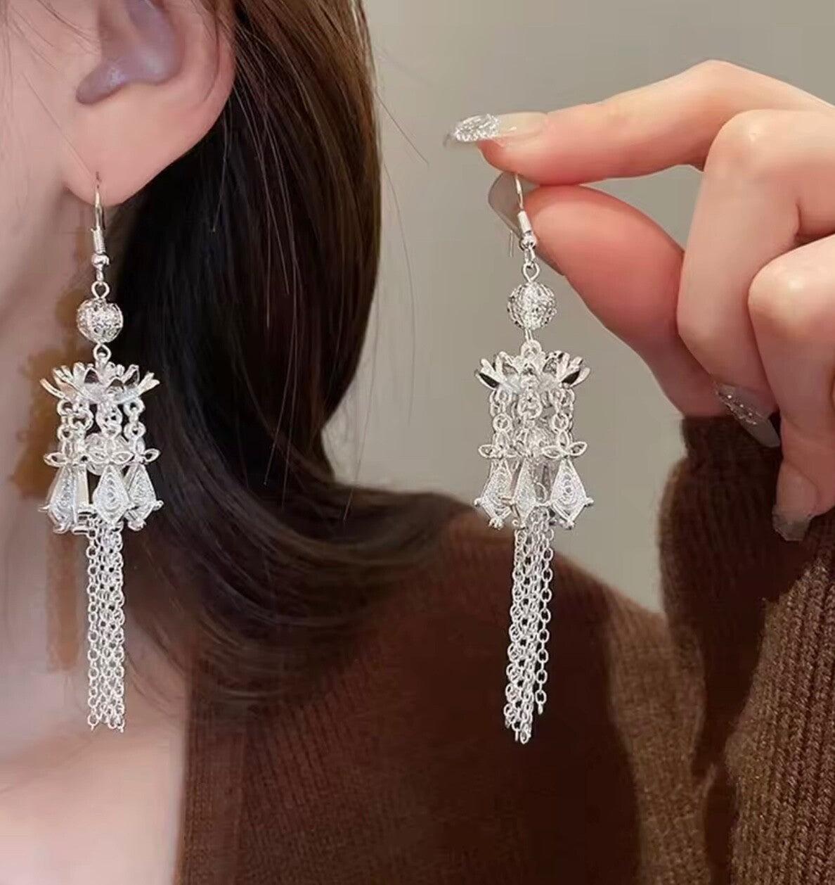 Fashion Earring Silver Post Elegant Design Tassel Vintage Boho Lotus Drop Gift