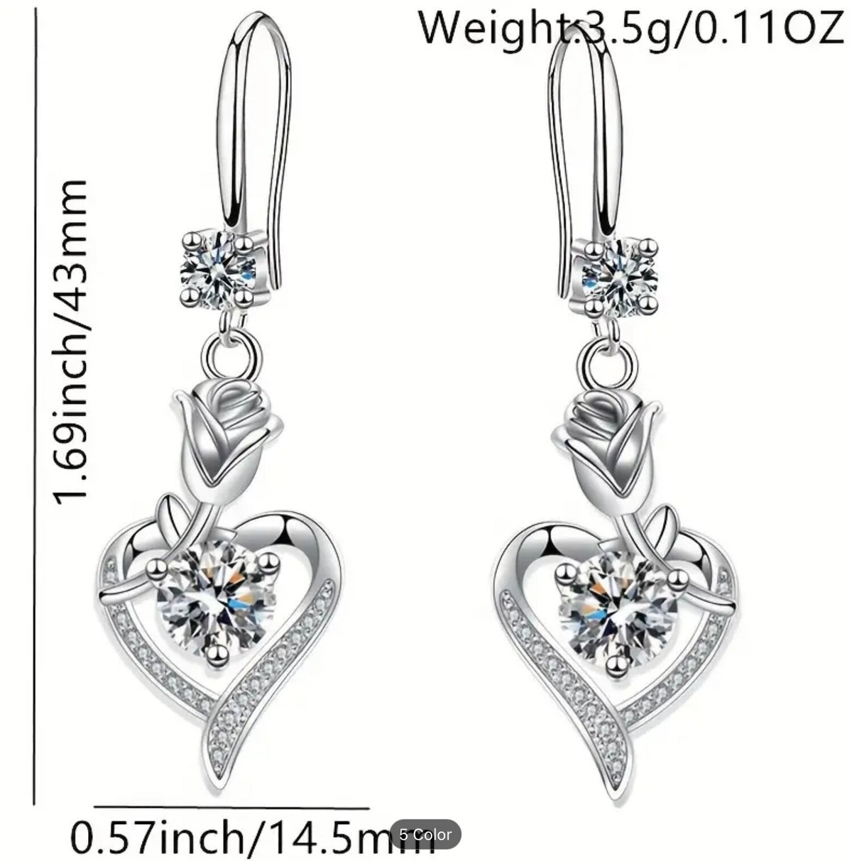 Elegant Hollow Heart Rose Flower Dangle Zirconia Earrings -Women Trendy Gift Set