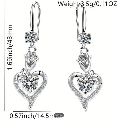 Elegant Hollow Heart Rose Flower Dangle Zirconia Earrings -Women Trendy Gift Set