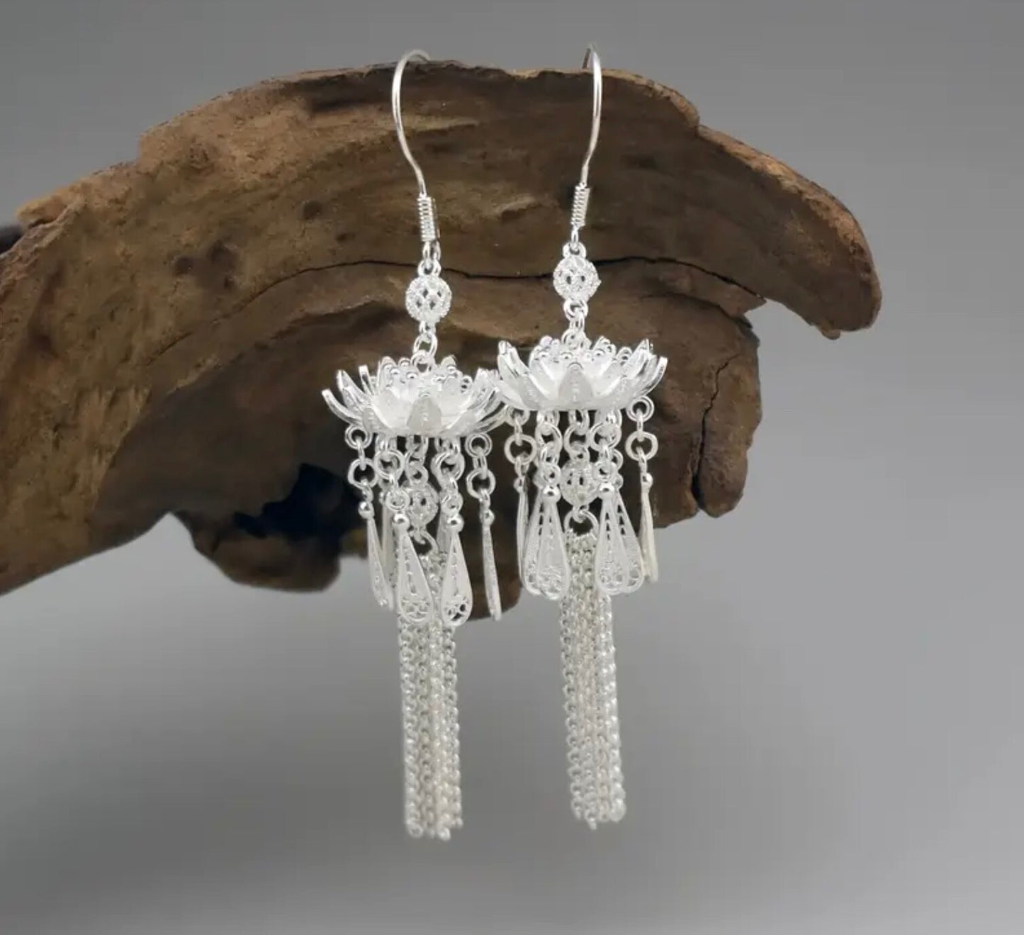 Fashion Earring Silver Post Elegant Design Tassel Vintage Boho Lotus Drop Gift
