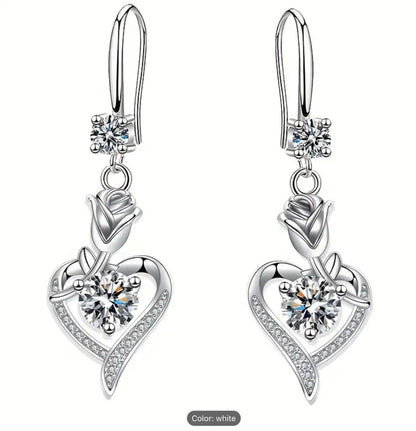 Elegant Hollow Heart Rose Flower Dangle Zirconia Earrings -Women Trendy Gift Set