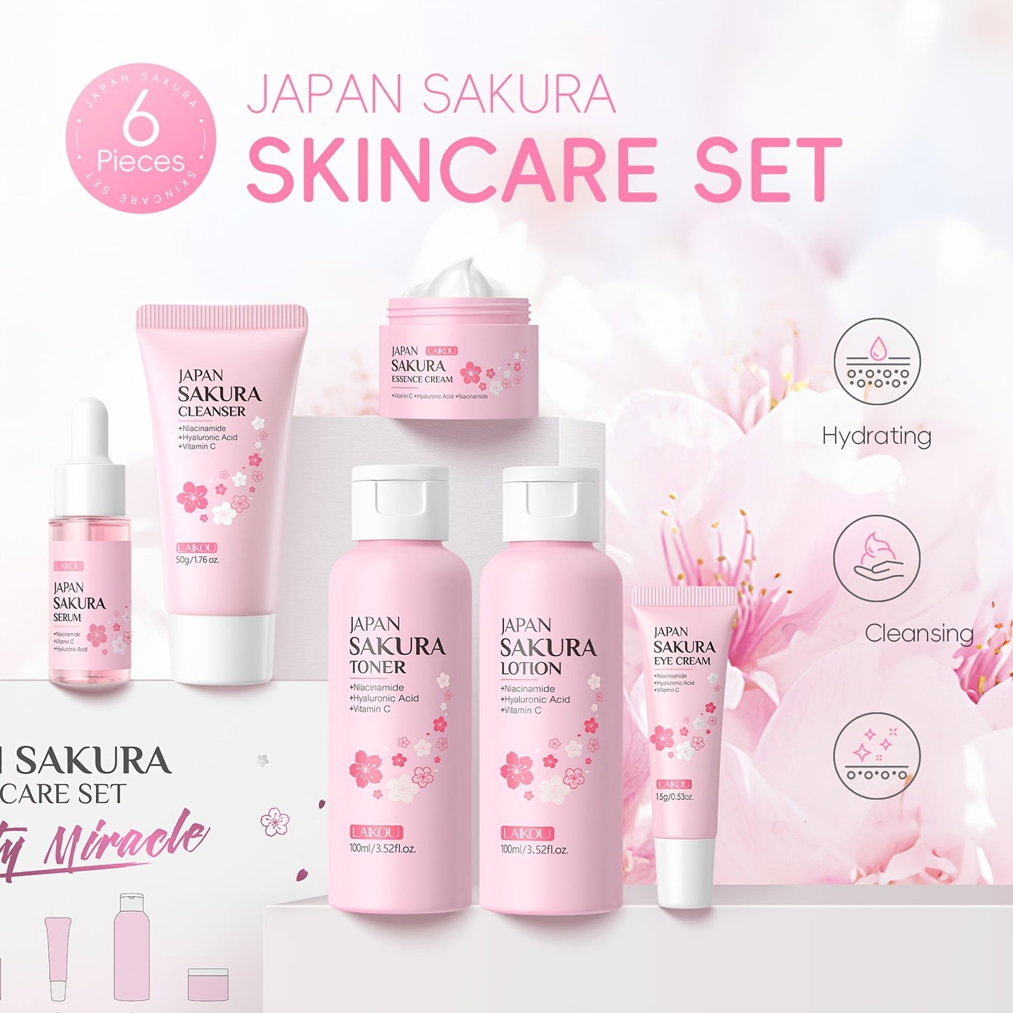 Sakura Skincare Set & Kit 6pcs Box -Christmas Gift Set, Ideal Gift Set for Women