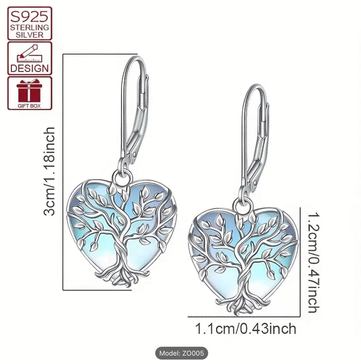925 Sterling Silver Fashion Heart Tree of Life Drop Dangle Hook Earrings Gift