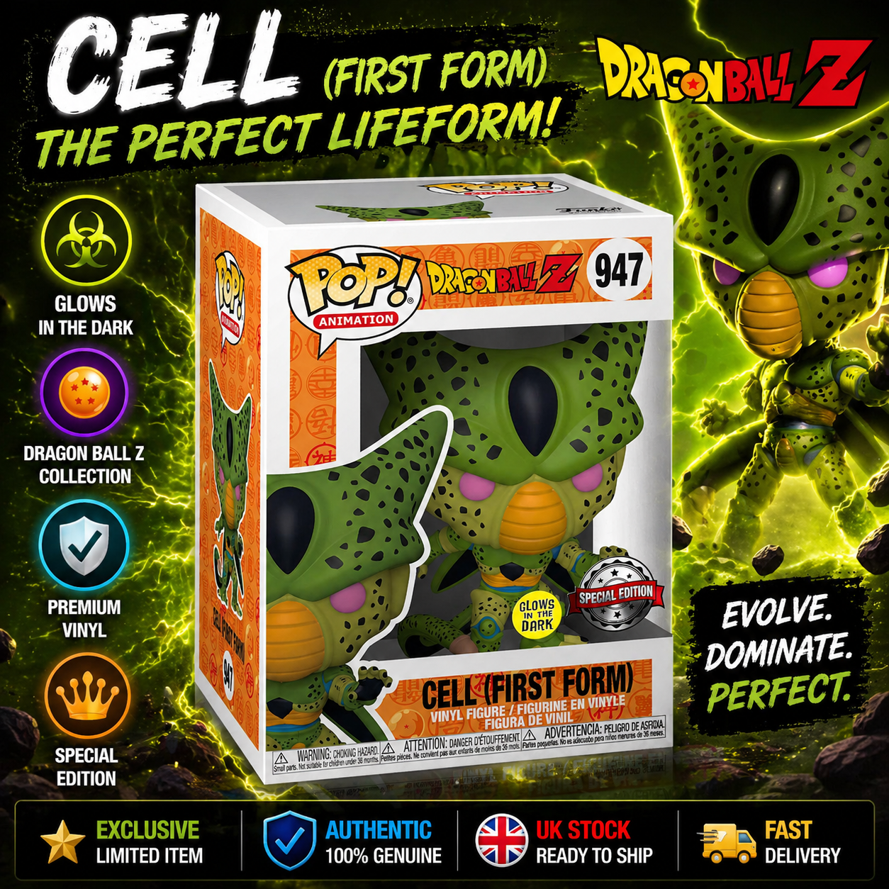 Funko Pop Cell First Form # 947 Glow Dragon Ball Z  Exclusive Anime + Protector