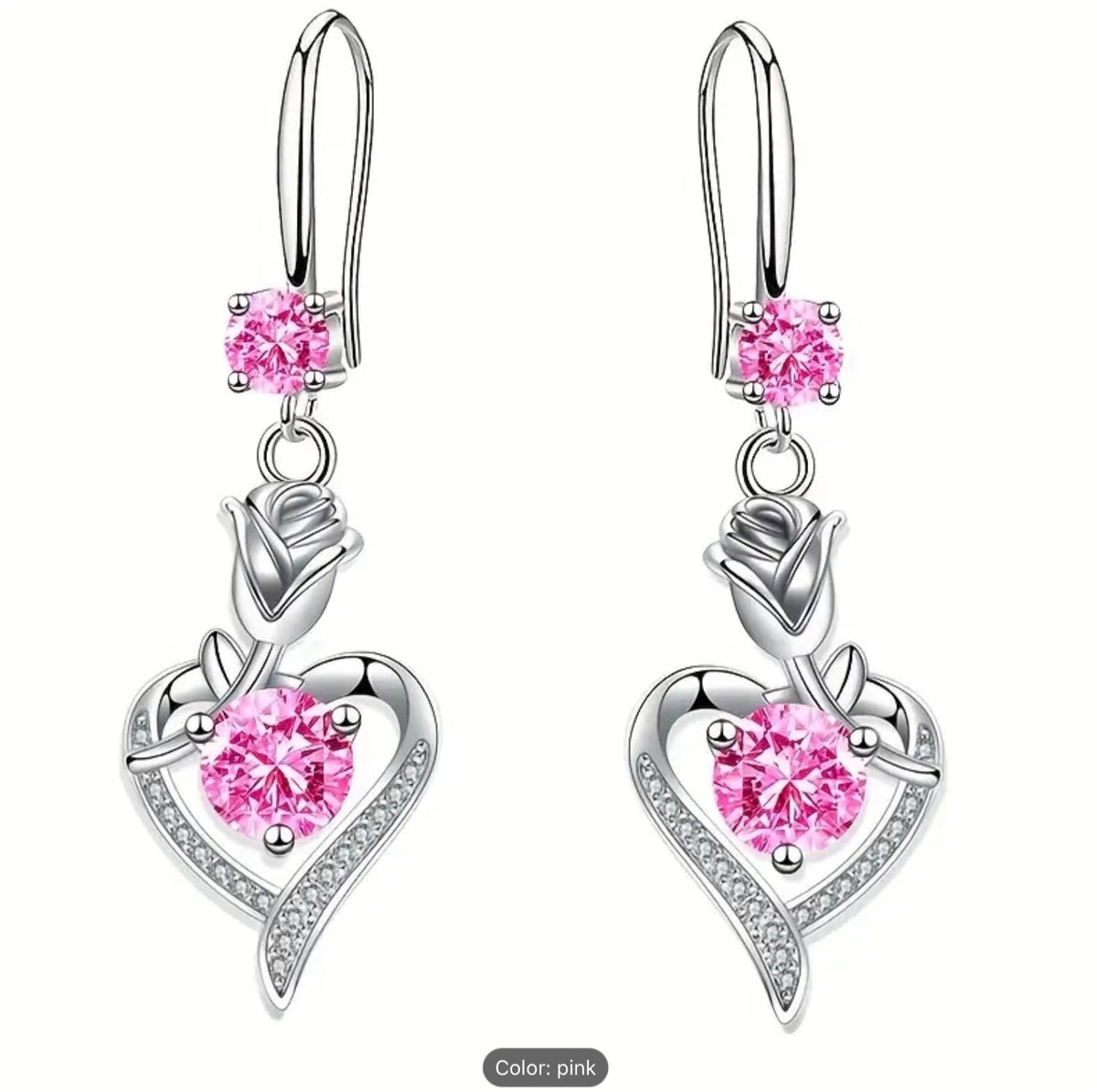 Elegant Hollow Heart Rose Flower Dangle Zirconia Earrings -Women Trendy Gift Set