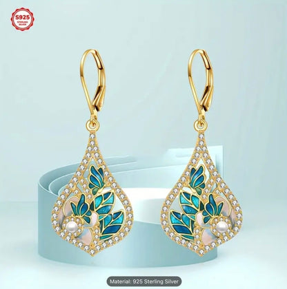Luxury Earrings 925 Sterling Silver Dangle Drop Enamel Leaf Pearl Women Gift Set