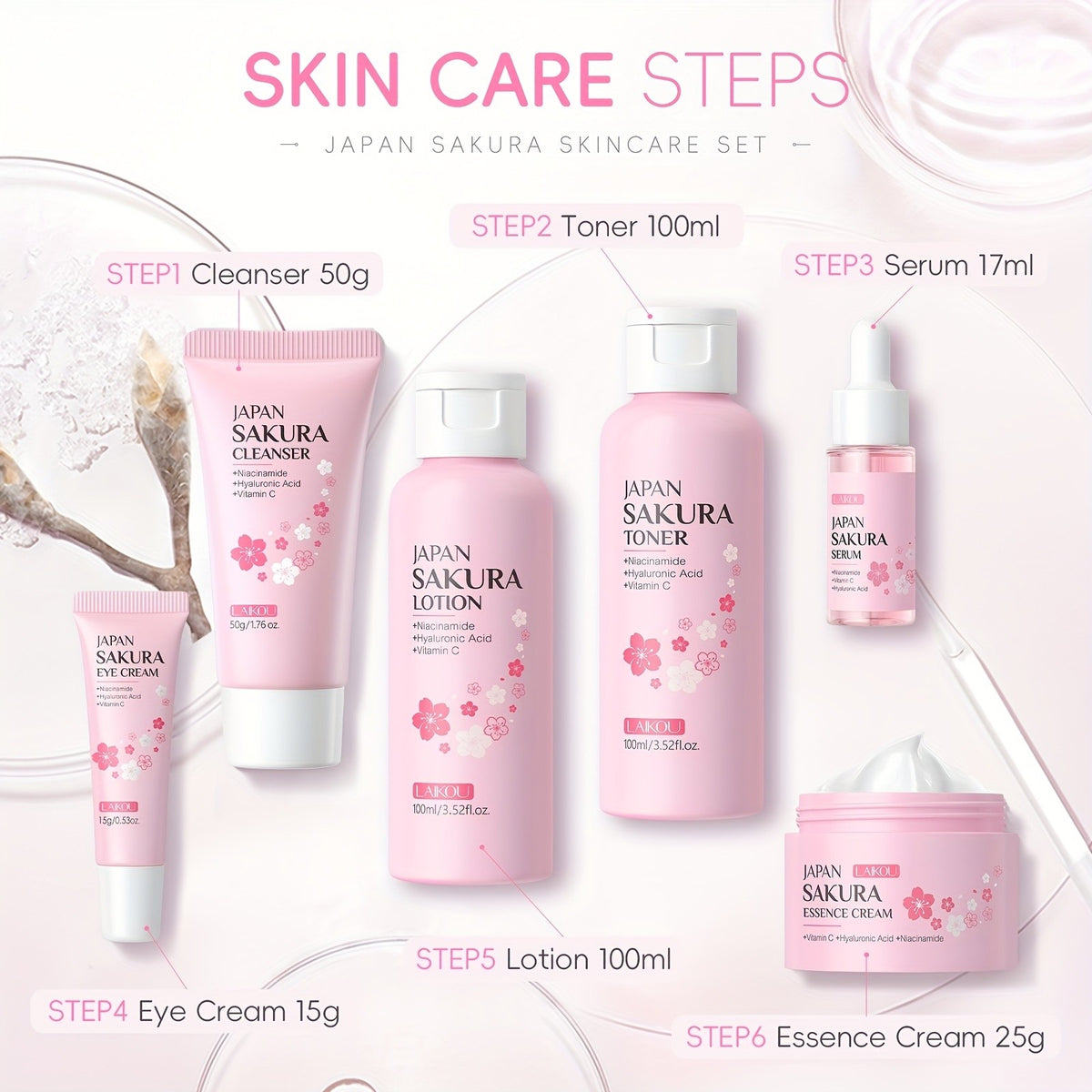 Sakura Skincare Set & Kit 6pcs Box -Christmas Gift Set, Ideal Gift Set for Women