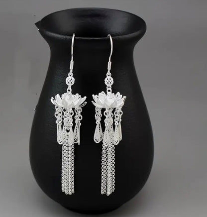 Fashion Earring Silver Post Elegant Design Tassel Vintage Boho Lotus Drop Gift