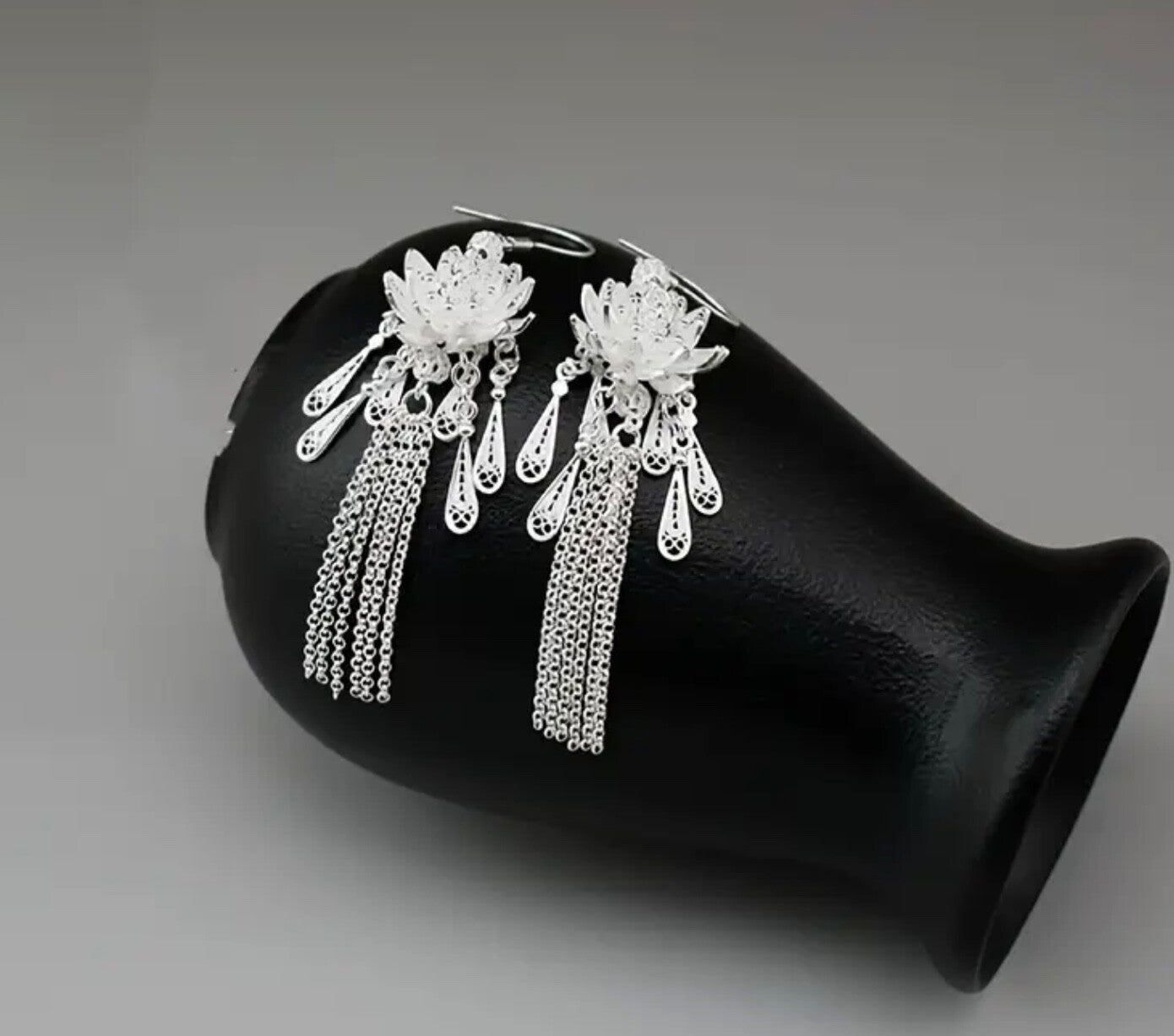 Fashion Earring Silver Post Elegant Design Tassel Vintage Boho Lotus Drop Gift