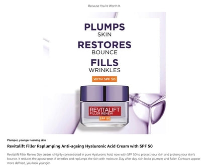 L’Oréal Paris Revitalift Filler Replumb SPF 50 Anti-Ageing Cream 50ml – Hydrates
