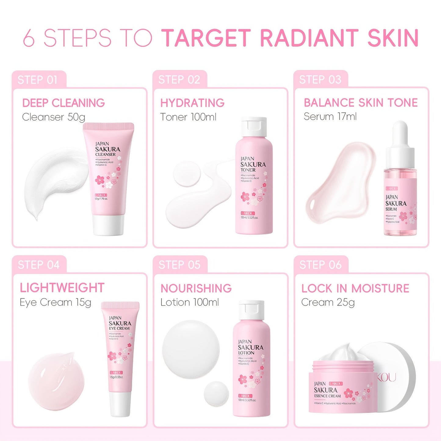 Sakura Skincare Set & Kit 6pcs Box -Christmas Gift Set, Ideal Gift Set for Women