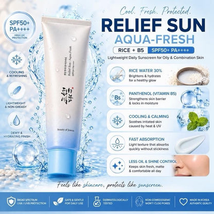 Beauty of Joseon Sunscreen SPF50+ Relief, Aqua Fresh ,Ginseng  K-Beauty SkinCare