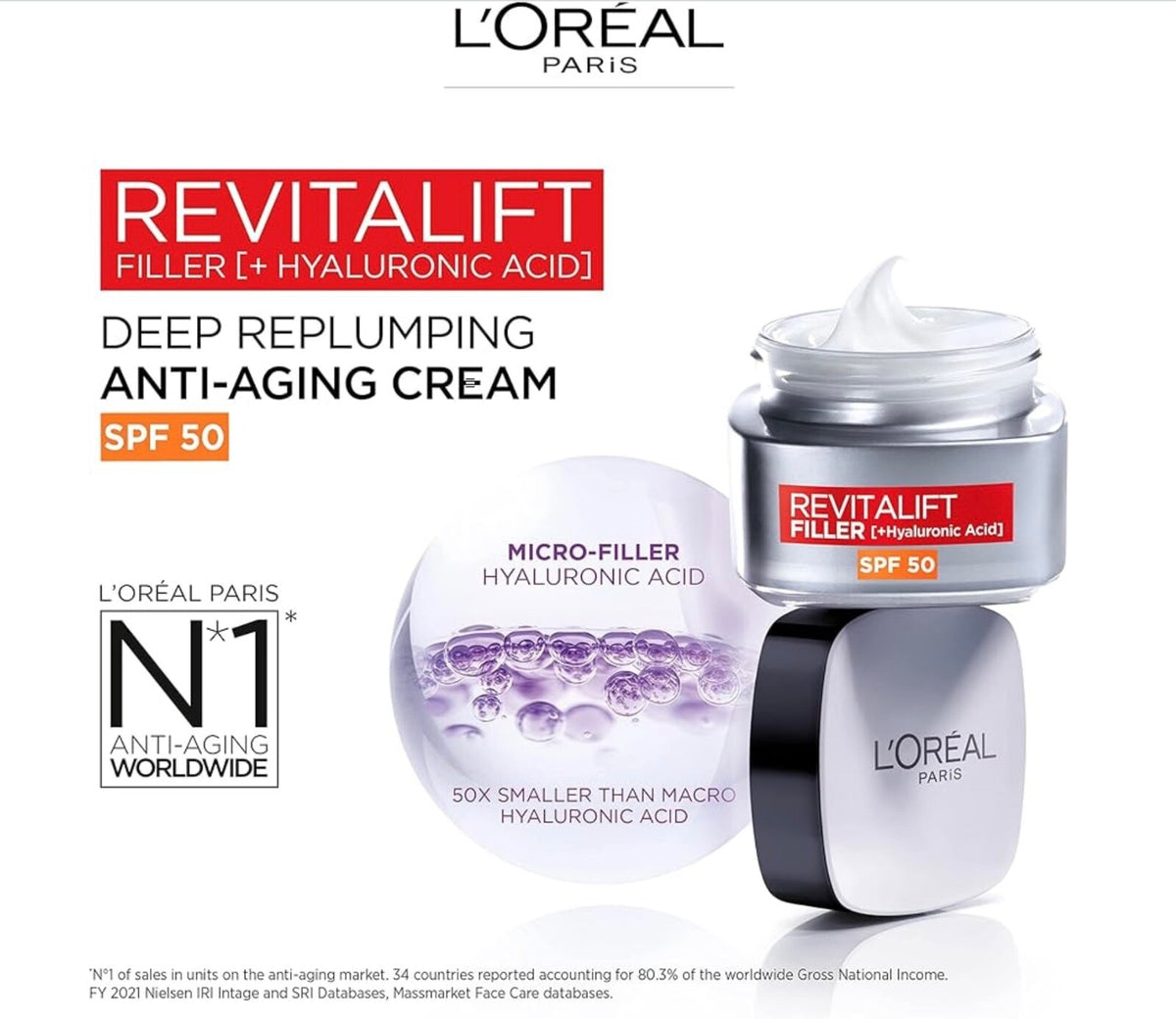 L’Oréal Paris Revitalift Filler Replumb SPF 50 Anti-Ageing Cream 50ml – Hydrates