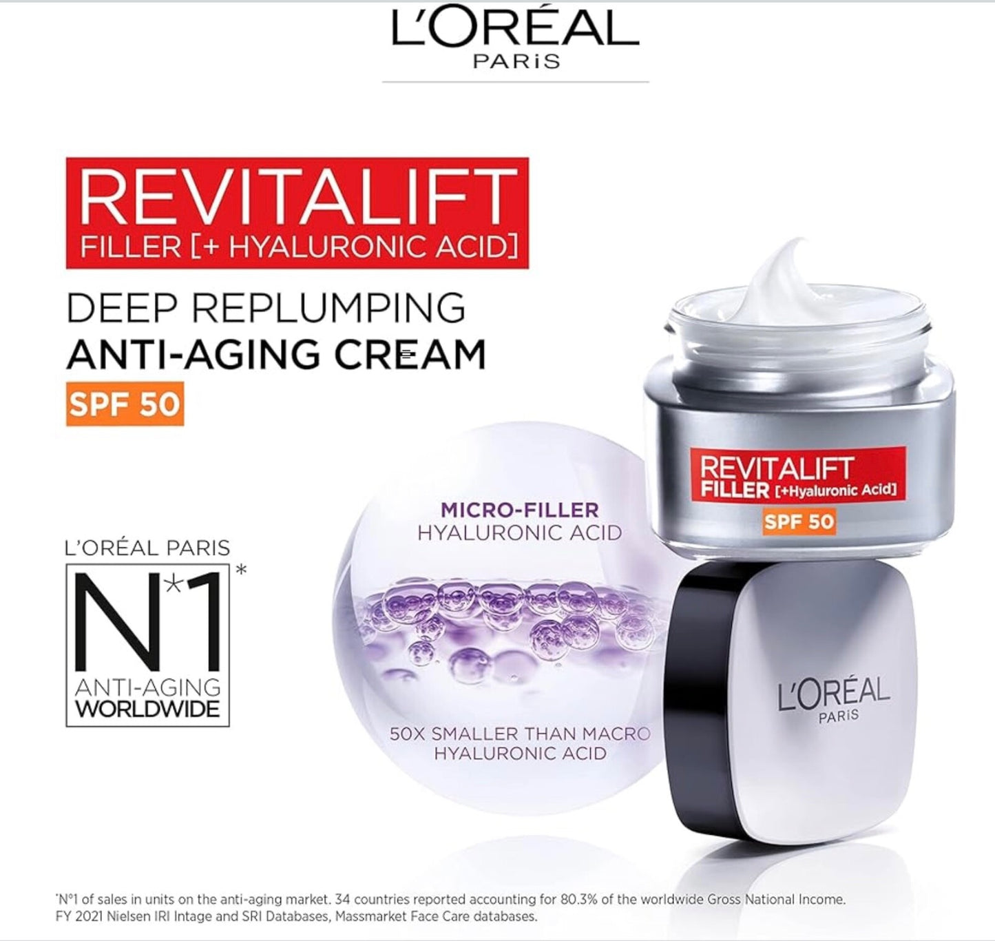 L’Oréal Paris Revitalift Filler Replumb SPF 50 Anti-Ageing Cream 50ml – Hydrates