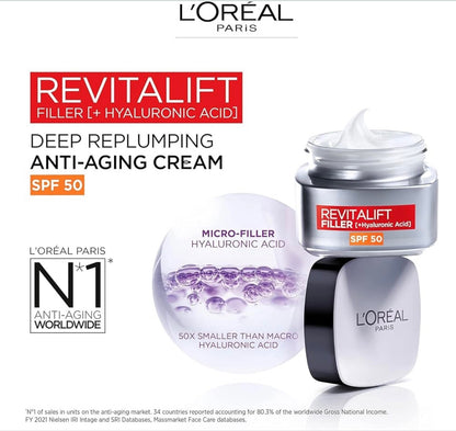 L’Oréal Paris Revitalift Filler Replumb SPF 50 Anti-Ageing Cream 50ml – Hydrates